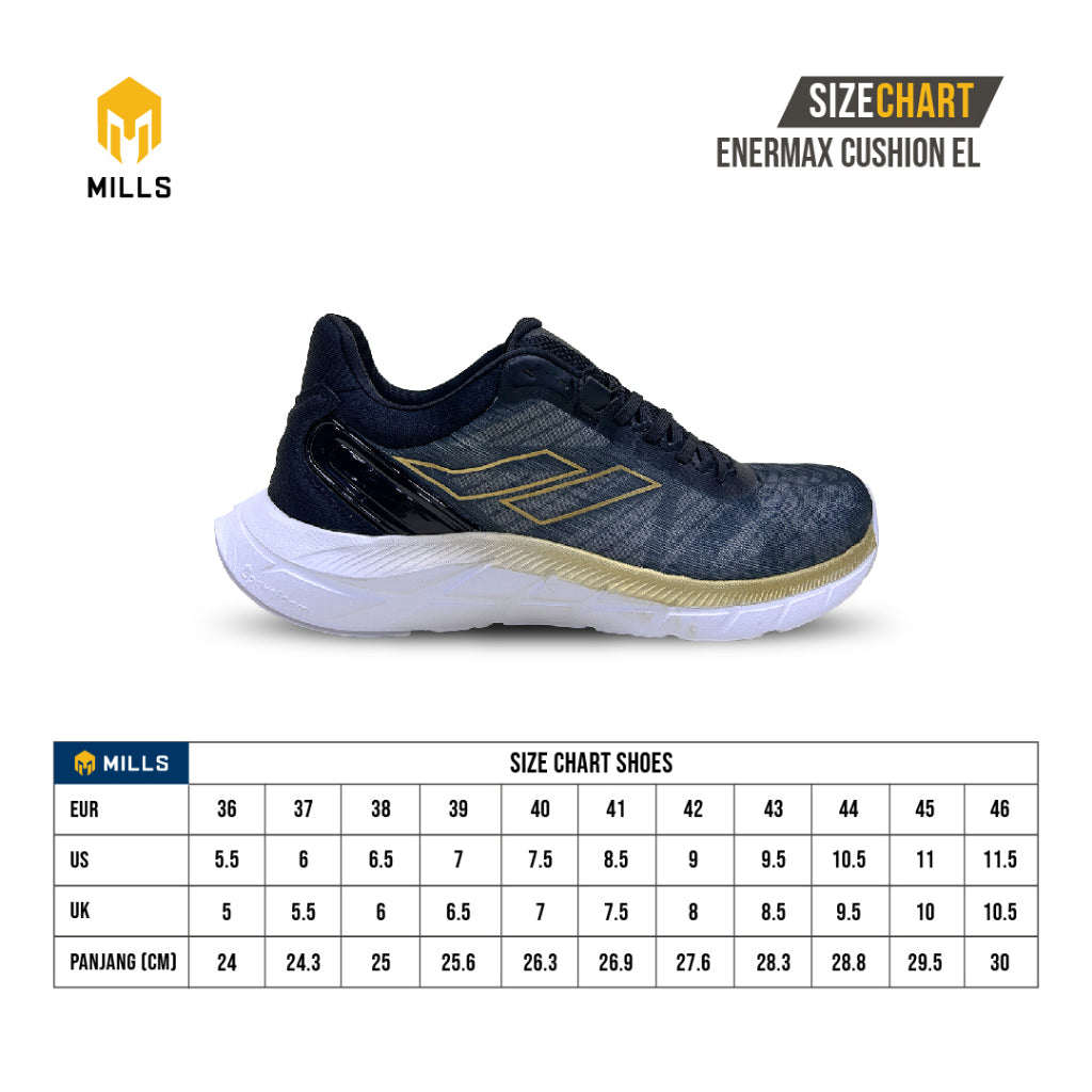 Mills Sepatu Lari Running Shoes Enermax Cushion EL Black / White / Gold 9100901